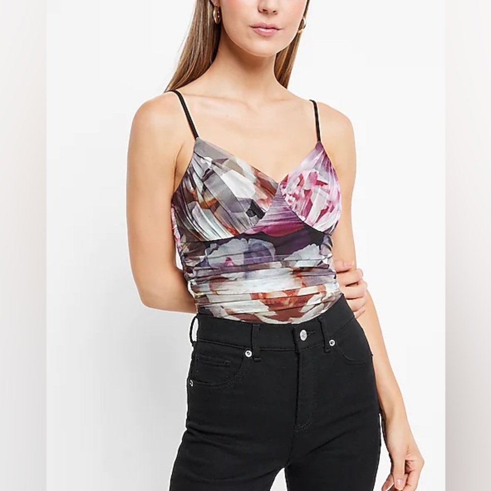 Express Body Contour Floral Mesh Cami Bodysuit With Removable Cups.